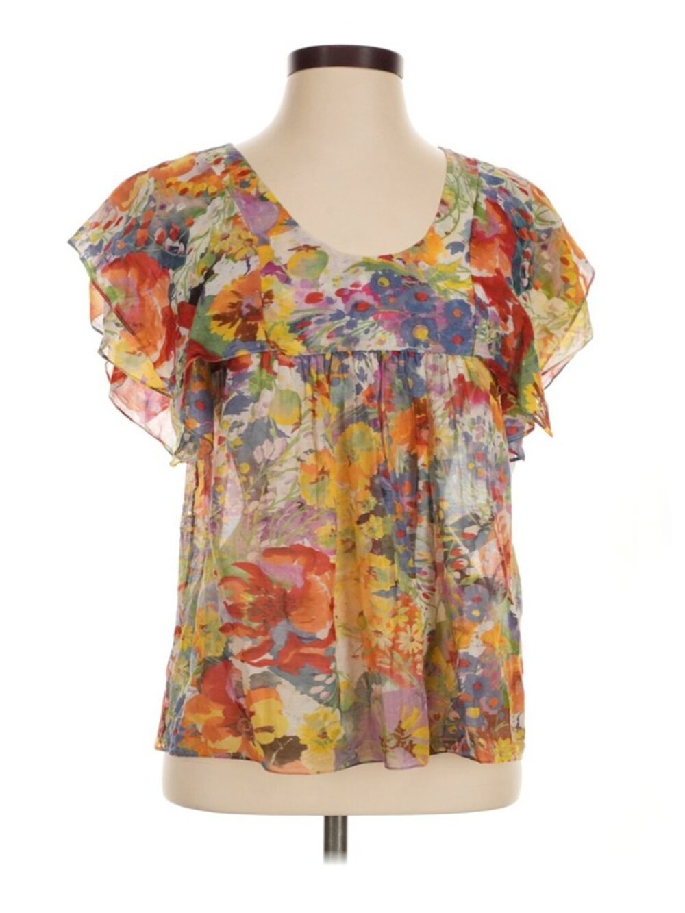 Stella McCartney Floral Flutter Sleeve Flowy Blouse - Yellow, Red, Purple, Blue